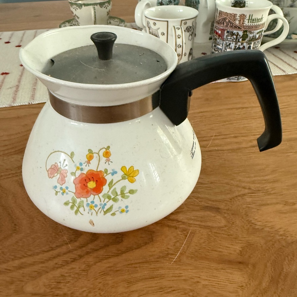 Corningware White Floral Coffee Pot with Black Handle